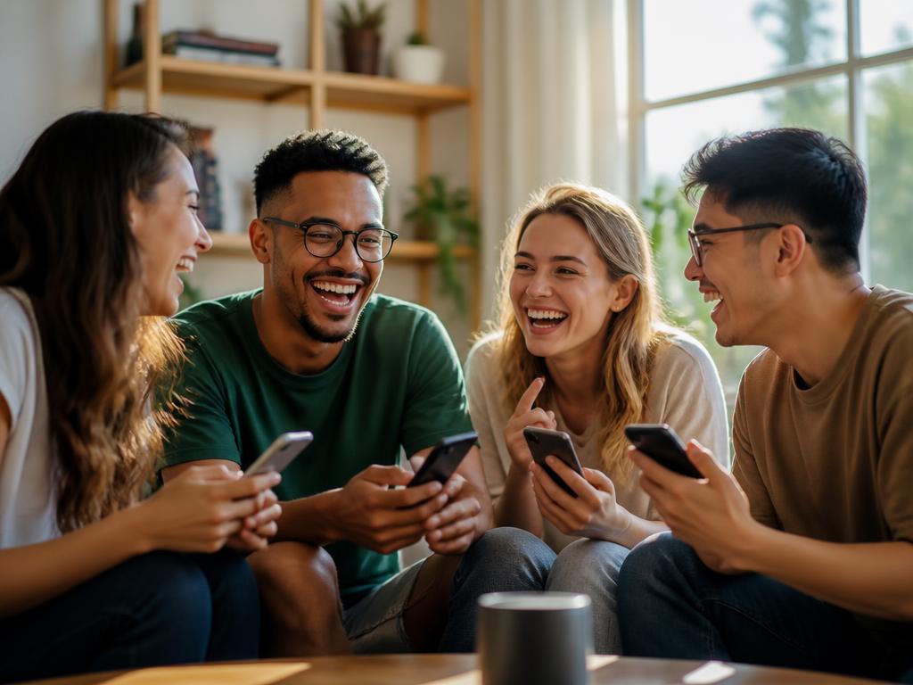 Foto de amigos riendo con sus móviles organizando un regalo