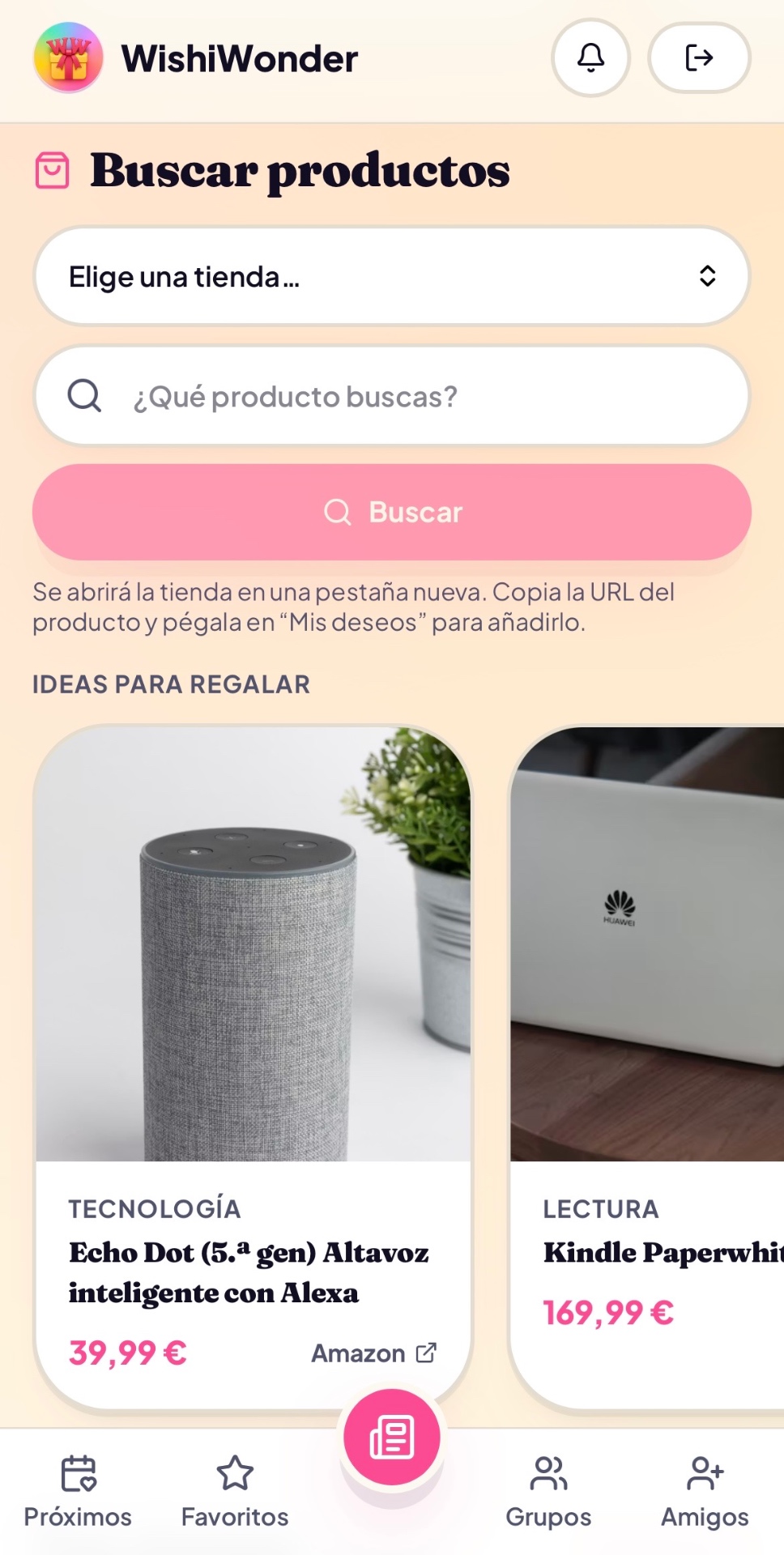 Pantalla de búsqueda de productos en WishiWonder