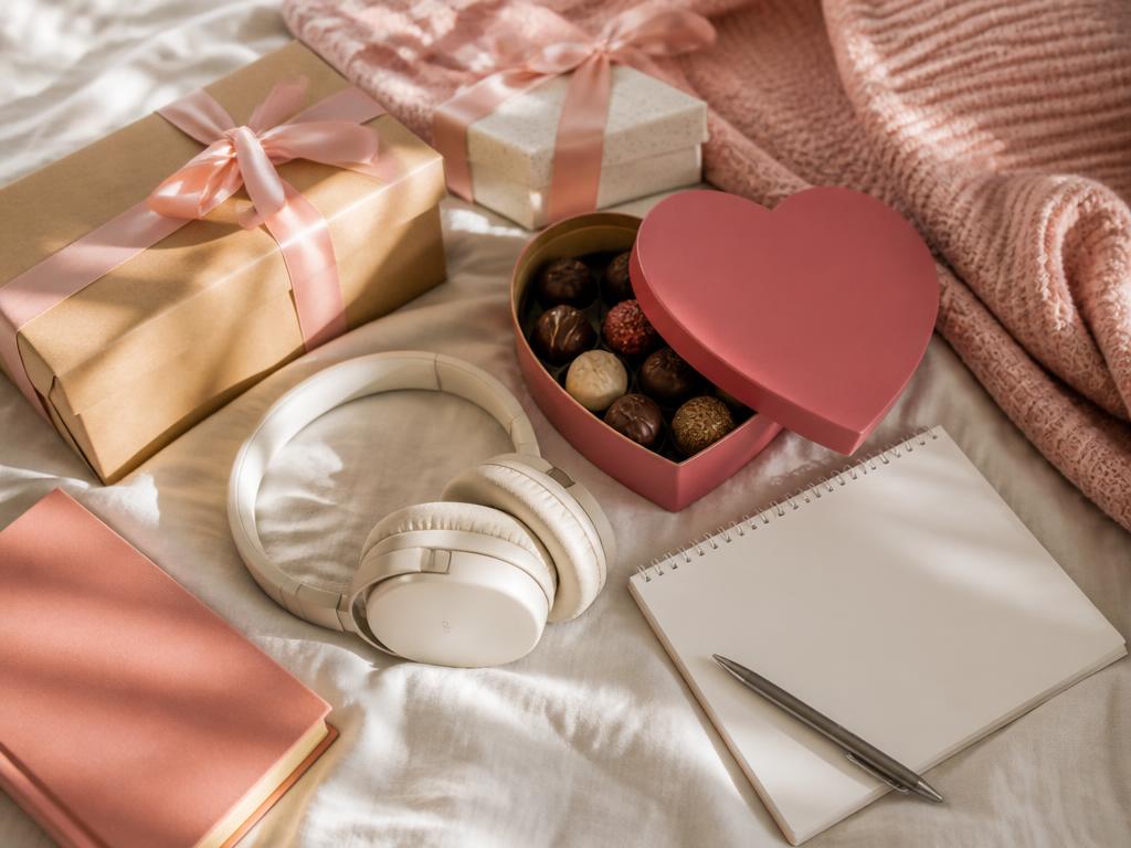 Foto de regalos, auriculares y una libreta de deseos
